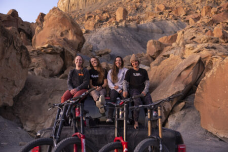 ANYTIME_UtahW_SLorencePhoto_02 Robin Goomes, Vaea Verbeeck, Hannah Bergmann, Cami Nogueira, in Big Water, Utah during the filming of 'Anytime!' by Anthill Films